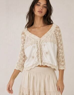 Darling Vintage Cream Color Lace Cotton Cardigan XS Fairycore Cottagecore Boho